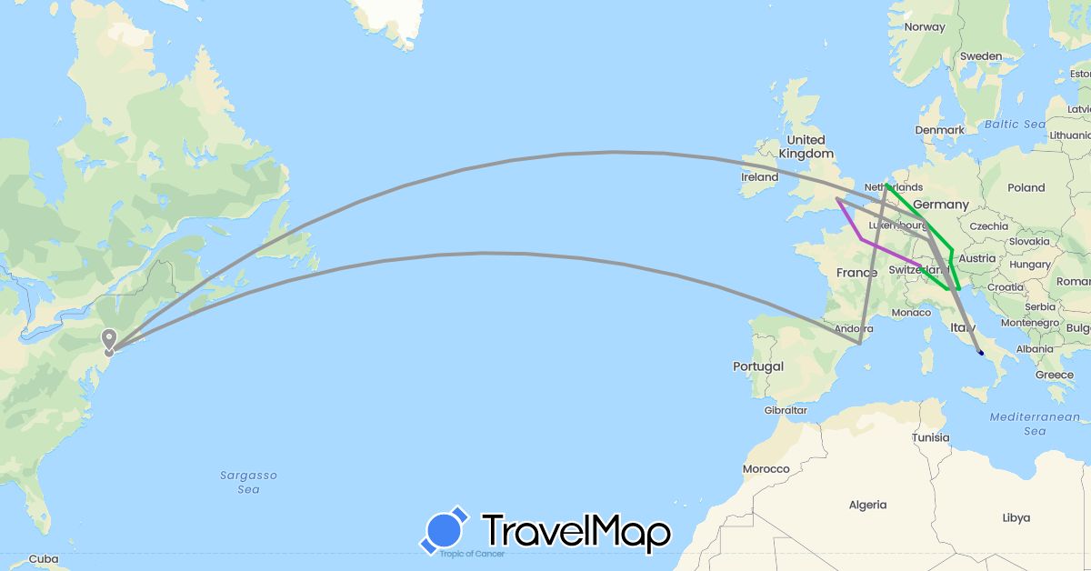 TravelMap itinerary: driving, bus, plane, train in Austria, Switzerland, Germany, Spain, France, United Kingdom, Italy, Netherlands, United States (Europe, North America)